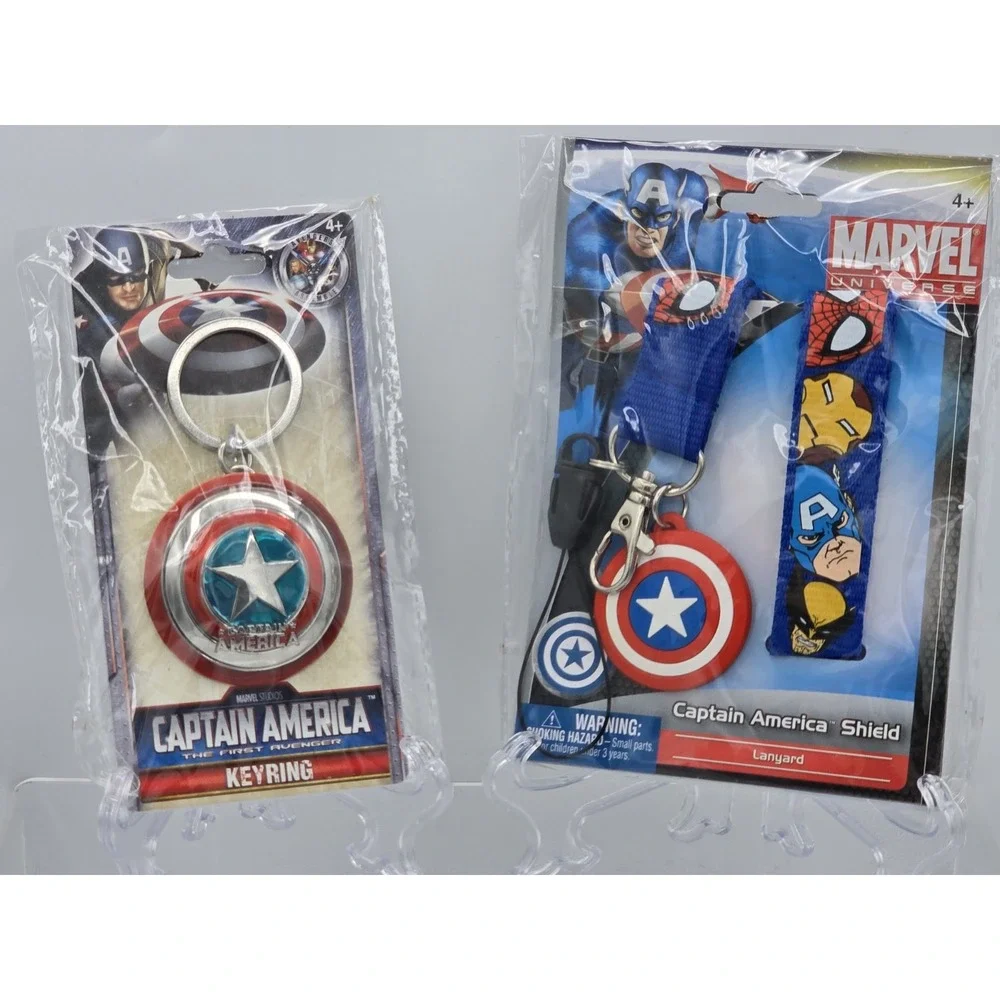 2 Lot Marvel Captain America Shield Pewter Key Ring NEW SEALED &‎ Lanyard!